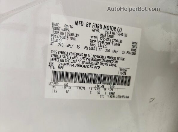 2FMPK4J90GBC57970 2016 FORD EDGE White Вид наклейки з VIN-кодом