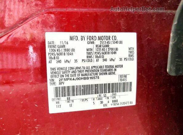 2FMPK4J90HBB16575 2017 FORD EDGE Красный 