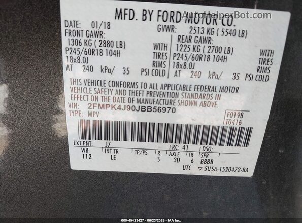 2FMPK4J90JBB56970 2018 FORD EDGE Gray ძრავის განყოფილების ხედი
