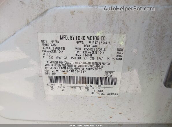 2FMPK4J90JBC04287 2018 FORD EDGE White Vista del compartimento del motor
