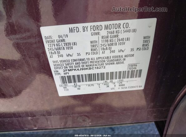 2FMPK4J90KBC18272 2019 FORD EDGE Темно-бордовый Вид подкапотного пространства