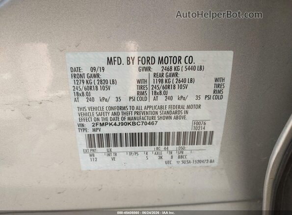 2FMPK4J90KBC70467 2019 FORD EDGE Silver Vista del compartimento del motor