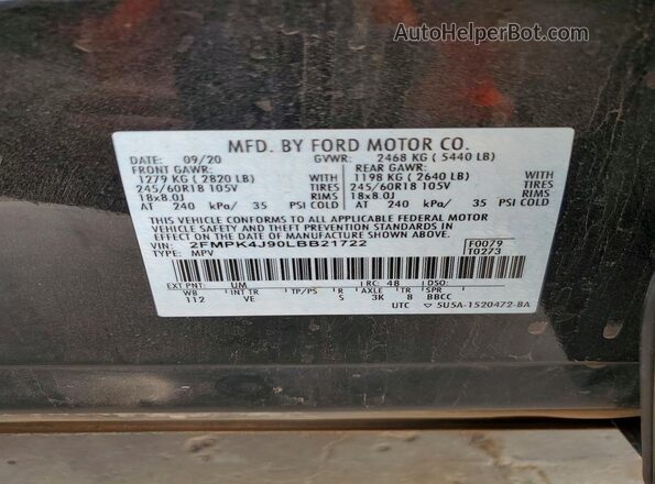 2FMPK4J90LBB21722 2020 FORD EDGE Черный Вид наклейки с VIN-кодом