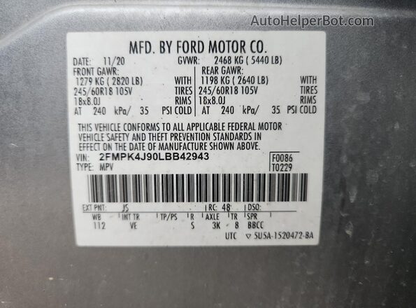 2FMPK4J90LBB42943 2020 FORD EDGE Серебряный 