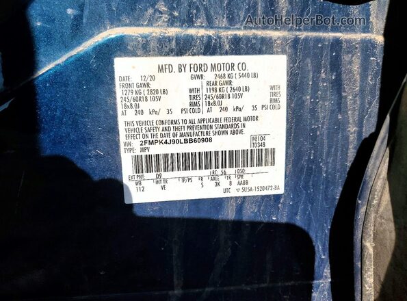 2FMPK4J90LBB60908 2020 FORD EDGE Blue ძრავის განყოფილების ხედი