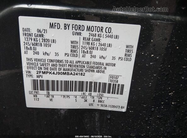2FMPK4J90MBA24182 2021 FORD EDGE Gray Շարժիչի բաժամունքի տեսք