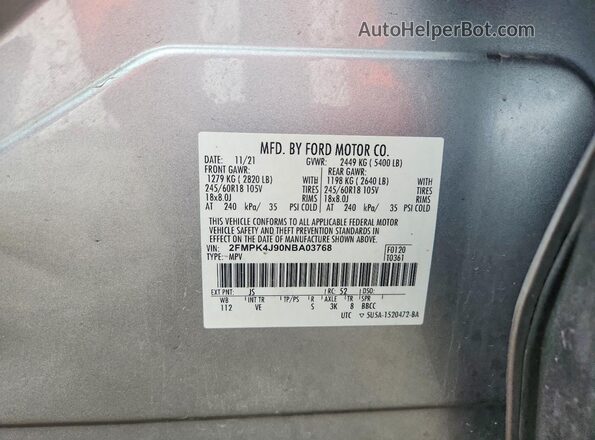 2FMPK4J90NBA03768 2022 FORD EDGE Silver VIN კოდის სტიკერის ხედი