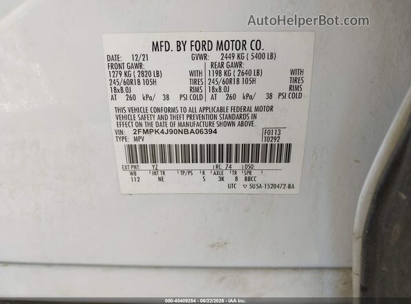 2FMPK4J90NBA06394 2022 FORD EDGE White Widok komory silnika