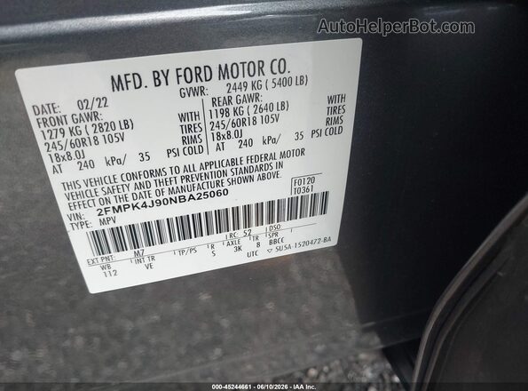 2FMPK4J90NBA25060 2022 FORD EDGE Gray ძრავის განყოფილების ხედი