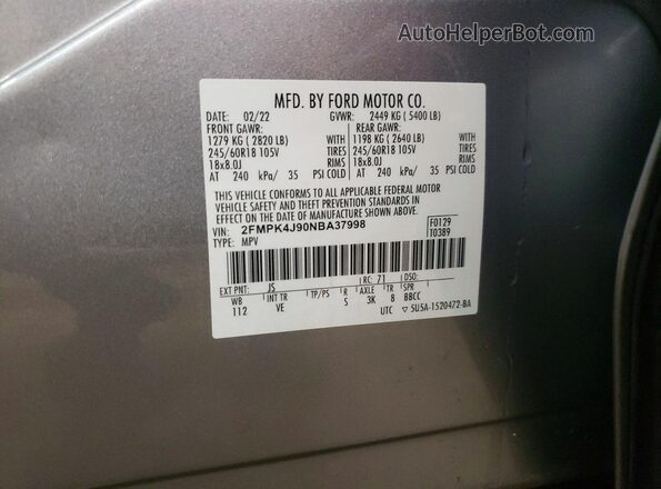 2FMPK4J90NBA37998 2022 FORD EDGE Серебряный Панорамный вид салона 360°