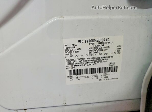 2FMPK4J90NBA61007 2022 FORD EDGE White Engine compartment view