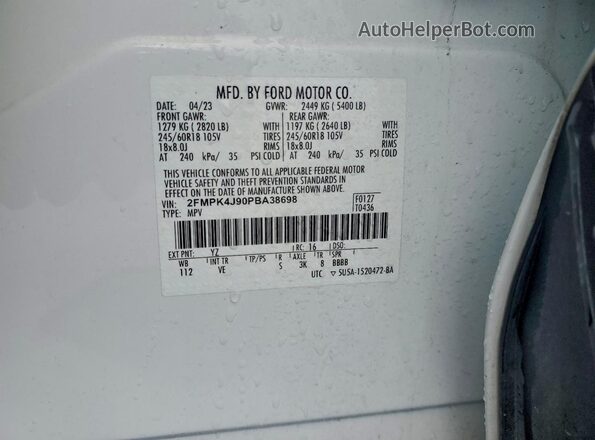 2FMPK4J90PBA38698 2023 FORD EDGE White Панорамний вид салону 360°