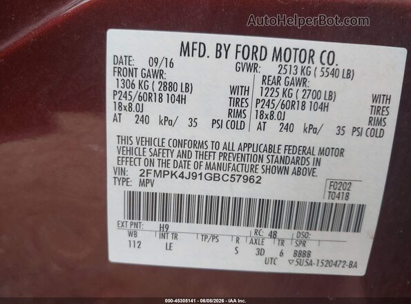 2FMPK4J91GBC57962 2016 FORD EDGE Maroon Vista del compartimento del motor