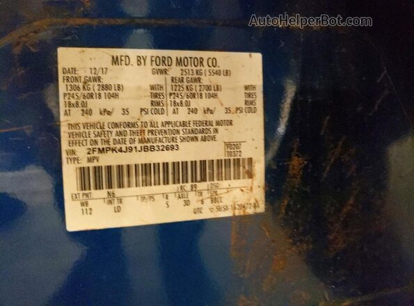 2FMPK4J91JBB32693 2018 FORD EDGE Синий Вид наклейки с VIN-кодом