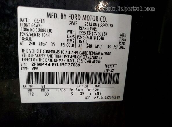 2FMPK4J91JBC27089 2018 FORD EDGE Black VIN sticker view