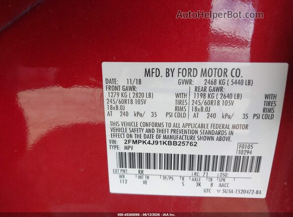 2FMPK4J91KBB25762 2019 FORD EDGE Red Շարժիչի բաժամունքի տեսք