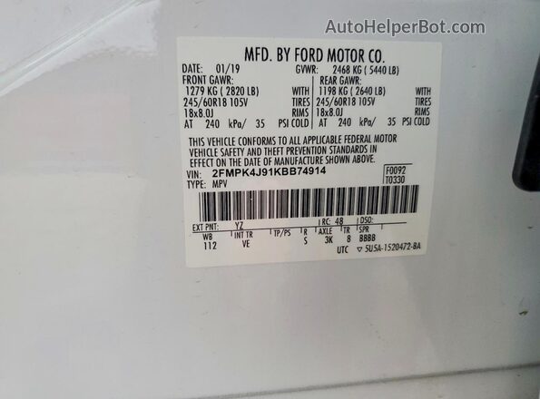 2FMPK4J91KBB74914 2019 FORD EDGE White 