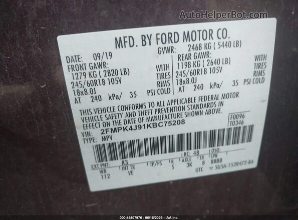2FMPK4J91KBC75208 2019 FORD EDGE Burgundy Engine compartment view