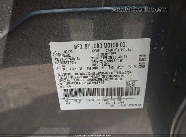 2FMPK4J91LBA65712 2020 FORD EDGE Gray Engine compartment view