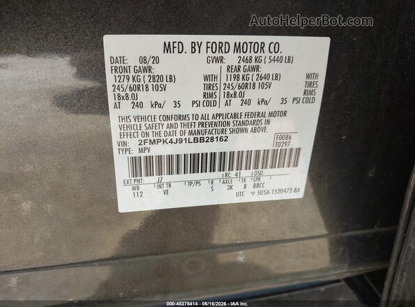 2FMPK4J91LBB28162 2020 FORD EDGE Gray Widok komory silnika
