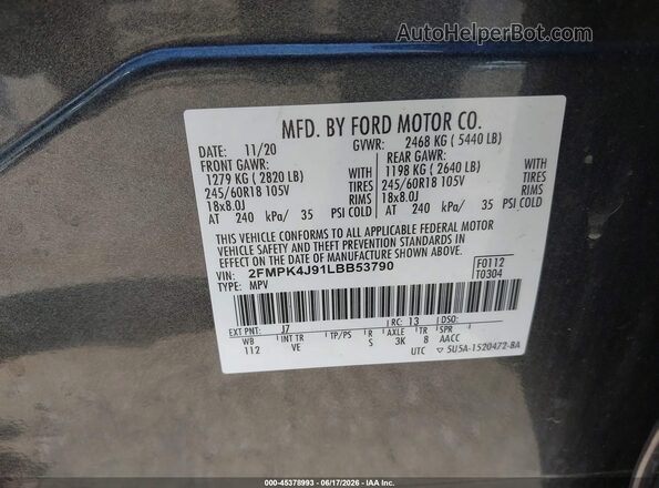 2FMPK4J91LBB53790 2020 FORD EDGE Gray Вид підкапотного простору