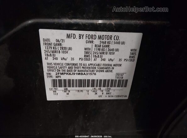 2FMPK4J91MBA31576 2021 FORD EDGE Черный Вид подкапотного пространства
