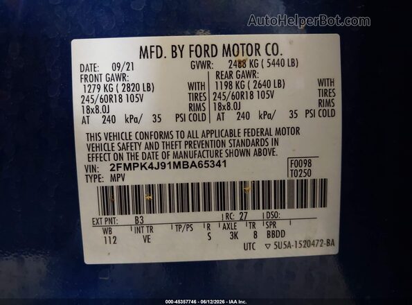 2FMPK4J91MBA65341 2021 FORD EDGE Blue ძრავის განყოფილების ხედი
