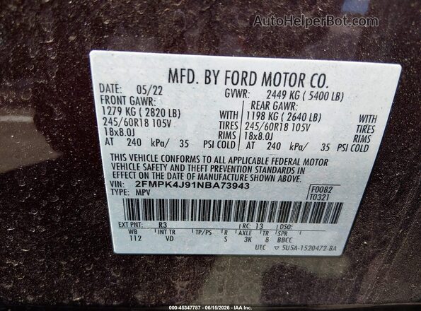 2FMPK4J91NBA73943 2022 FORD EDGE Maroon Widok komory silnika