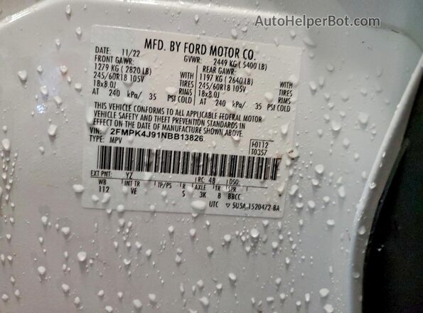 2FMPK4J91NBB13826 2022 FORD EDGE White სალონის 360-გრადუსიანი ხედი