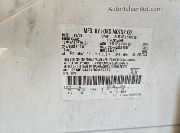 2FMPK4J91RBA69672 2024 FORD EDGE White VIN sticker view