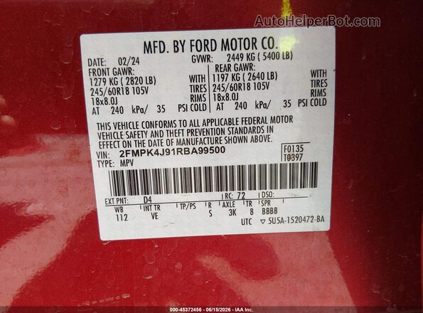 2FMPK4J91RBA99500 2024 FORD EDGE Red 