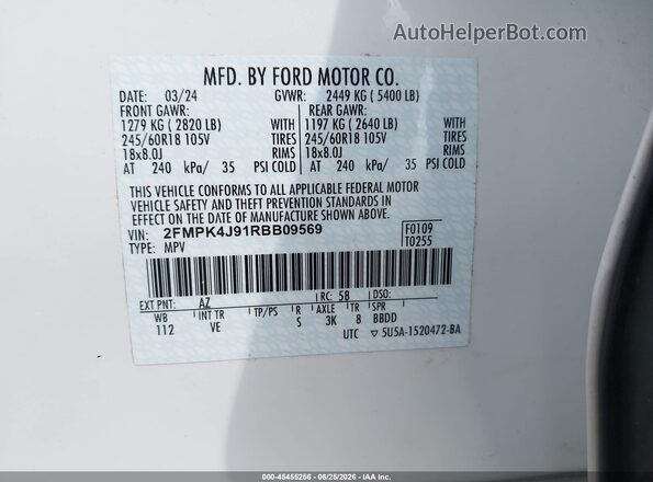 2FMPK4J91RBB09569 2024 FORD EDGE White Շարժիչի բաժամունքի տեսք
