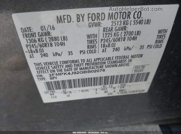 2FMPK4J92GBB02076 2016 FORD EDGE Gray Շարժիչի բաժամունքի տեսք