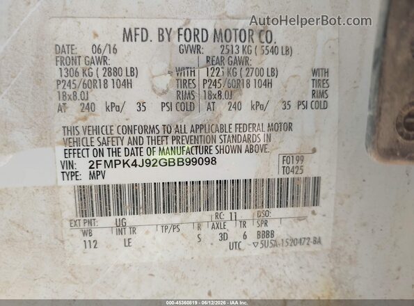 2FMPK4J92GBB99098 2016 FORD EDGE White Vista del compartimento del motor