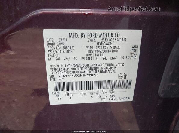 2FMPK4J92HBC39892 2017 FORD EDGE Burgundy Engine compartment view