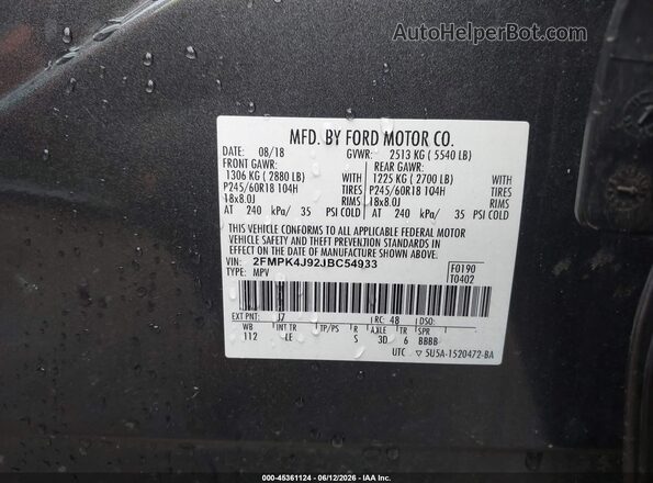 2FMPK4J92JBC54933 2018 FORD EDGE Gray Вид підкапотного простору