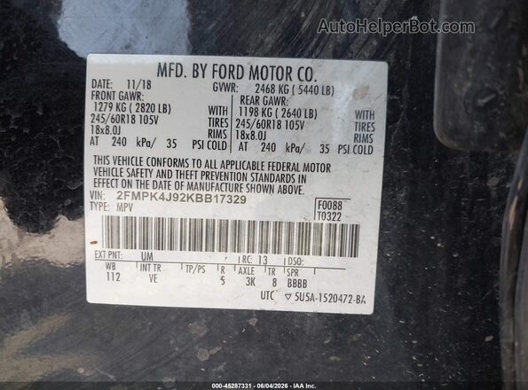 2FMPK4J92KBB17329 2019 FORD EDGE Black Engine compartment view