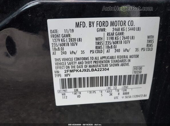 2FMPK4J92LBA22304 2020 FORD EDGE Black ძრავის განყოფილების ხედი