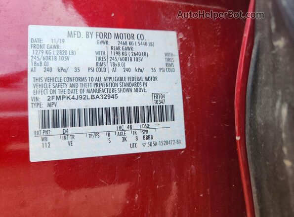 2FMPK4J92LBA32945 2020 FORD EDGE Red Вид наклейки з VIN-кодом
