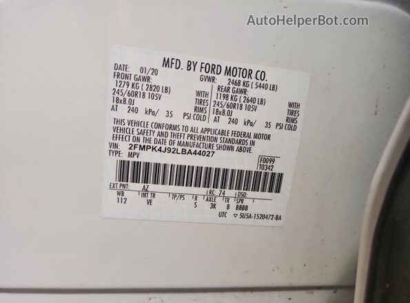 2FMPK4J92LBA44027 2020 FORD EDGE White 360 interior view