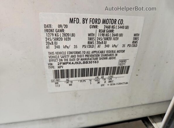 2FMPK4J92LBB30163 2020 FORD EDGE White Սալոնի 360 աստիճան տեսք