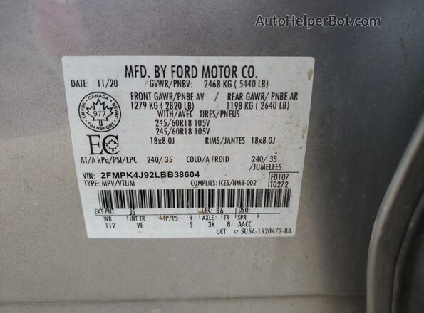 2FMPK4J92LBB38604 2020 FORD EDGE Silver 