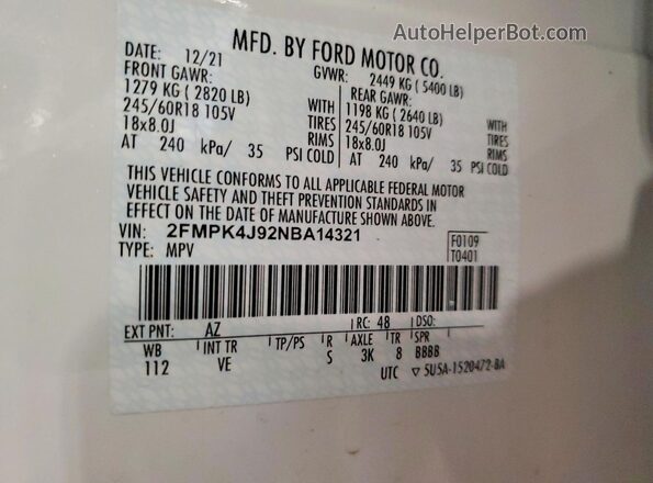 2FMPK4J92NBA14321 2022 FORD EDGE White 