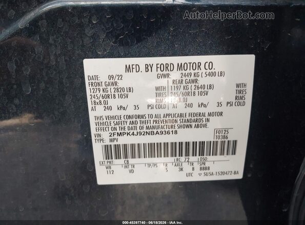 2FMPK4J92NBA93618 2022 FORD EDGE Blue Вид підкапотного простору