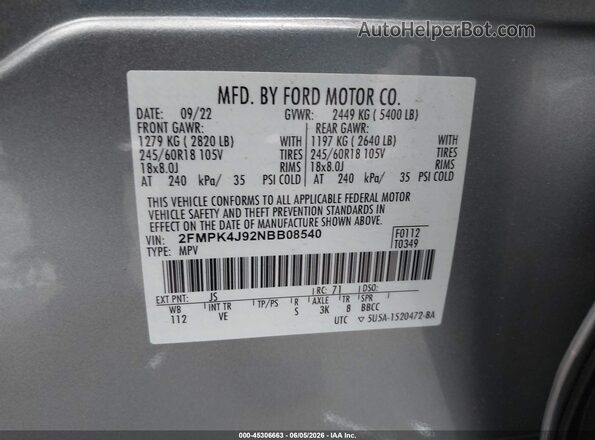 2FMPK4J92NBB08540 2022 FORD EDGE Серебряный Вид подкапотного пространства