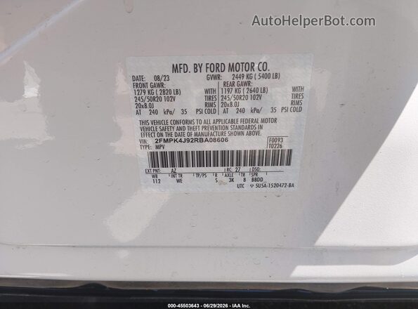 2FMPK4J92RBA08606 2024 FORD EDGE White Շարժիչի բաժամունքի տեսք