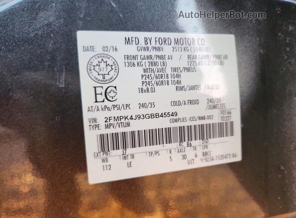 2FMPK4J93GBB45549 2016 FORD EDGE Угольный 