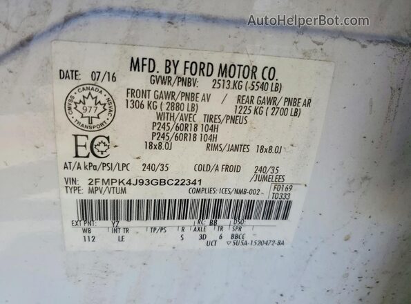 2FMPK4J93GBC22341 2016 FORD EDGE White VIN კოდის სტიკერის ხედი