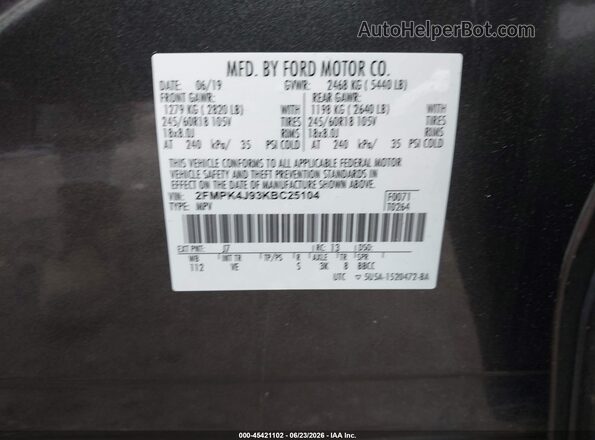2FMPK4J93KBC25104 2019 FORD EDGE Gray Vista del compartimento del motor