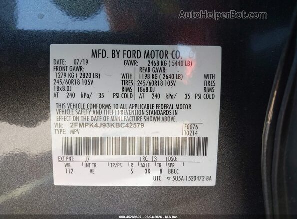2FMPK4J93KBC42579 2019 FORD EDGE Gray ძრავის განყოფილების ხედი
